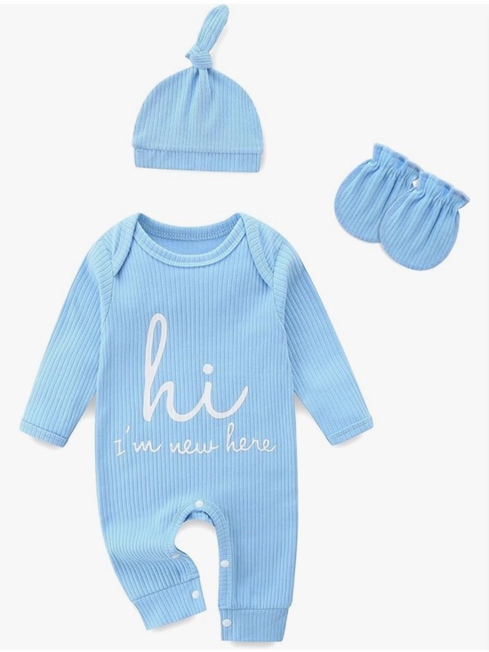 Amazon Other - NWOT | Hi I'm New Here Blue Ribbed Baby One-Piece with Hat & Mittens